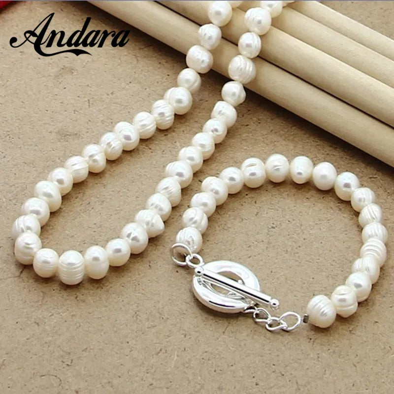 Pearl Jewelry Sets 925 Sterling Silver Natural Freshwater Pearl Necklace Bracelet Set Fashion Women Jewelry Wedding Gift