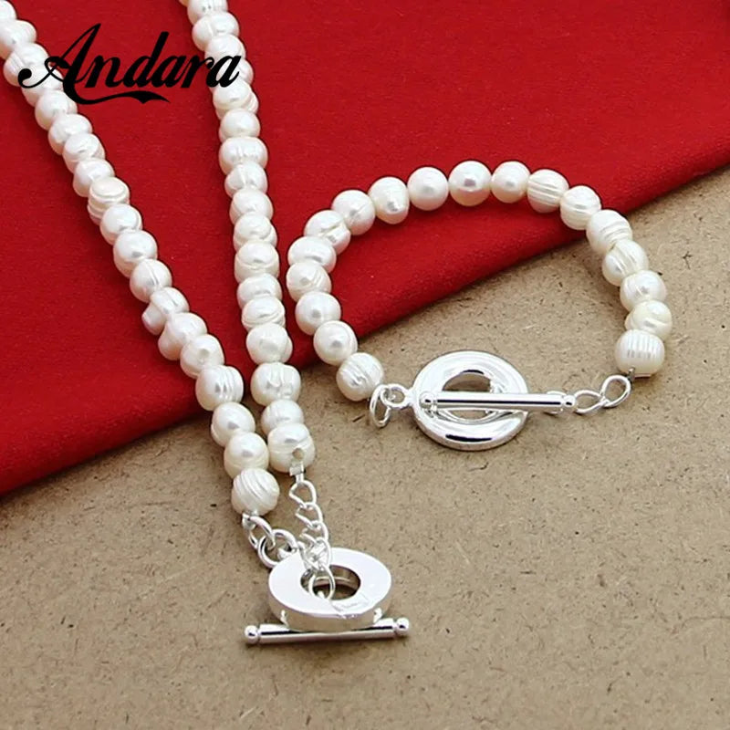 Pearl Jewelry Sets 925 Sterling Silver Natural Freshwater Pearl Necklace Bracelet Set Fashion Women Jewelry Wedding Gift
